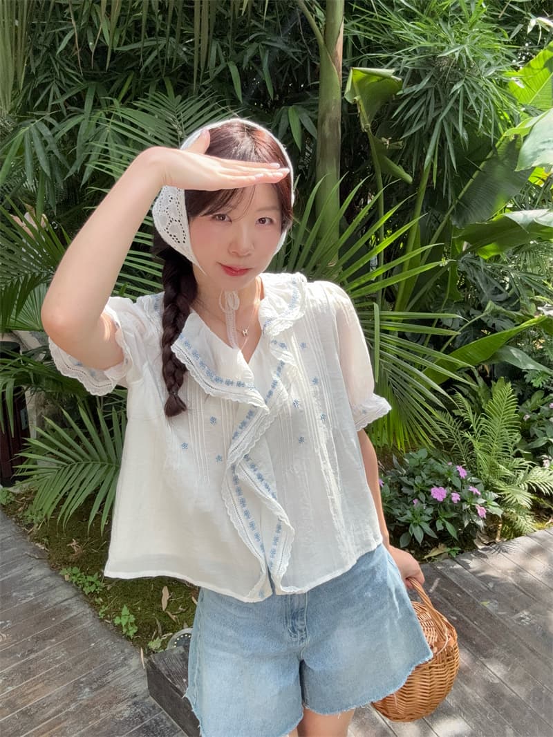 실사 정가 무거운 작업 자수 프릴 V넥 반팔 꽃 셔츠 상세 이미지 12