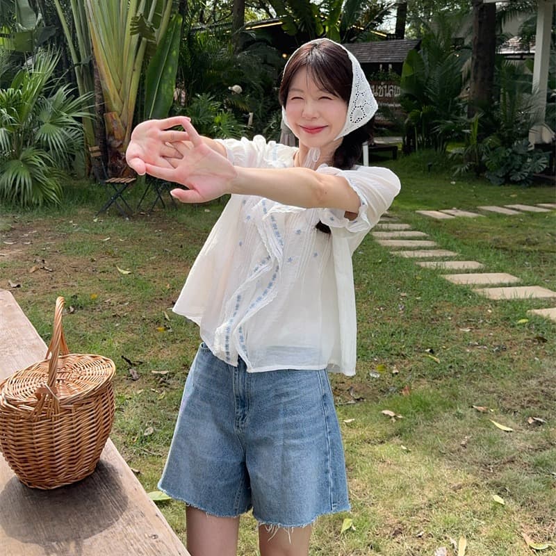 실사 정가 무거운 작업 자수 프릴 V넥 반팔 꽃 셔츠 이미지 5