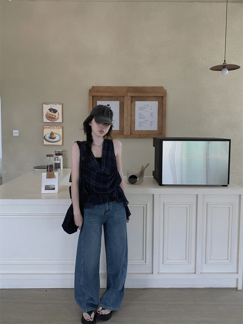 실사 정가 한 부서 품격 바람 쉬폰 격자 무늬 셔츠 페이크 레이어드 민소매 프릴 불규칙 맨위 상세 이미지 16