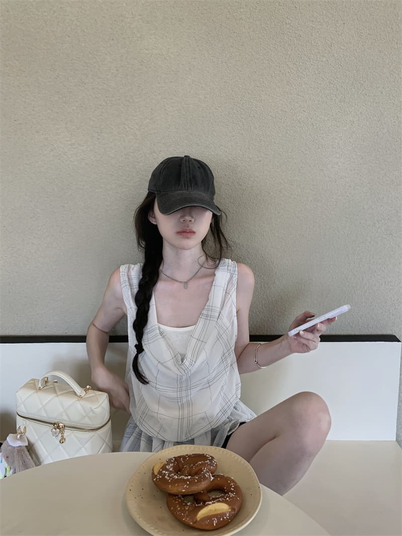 실사 정가 한 부서 품격 바람 쉬폰 격자 무늬 셔츠 페이크 레이어드 민소매 프릴 불규칙 맨위 이미지 3