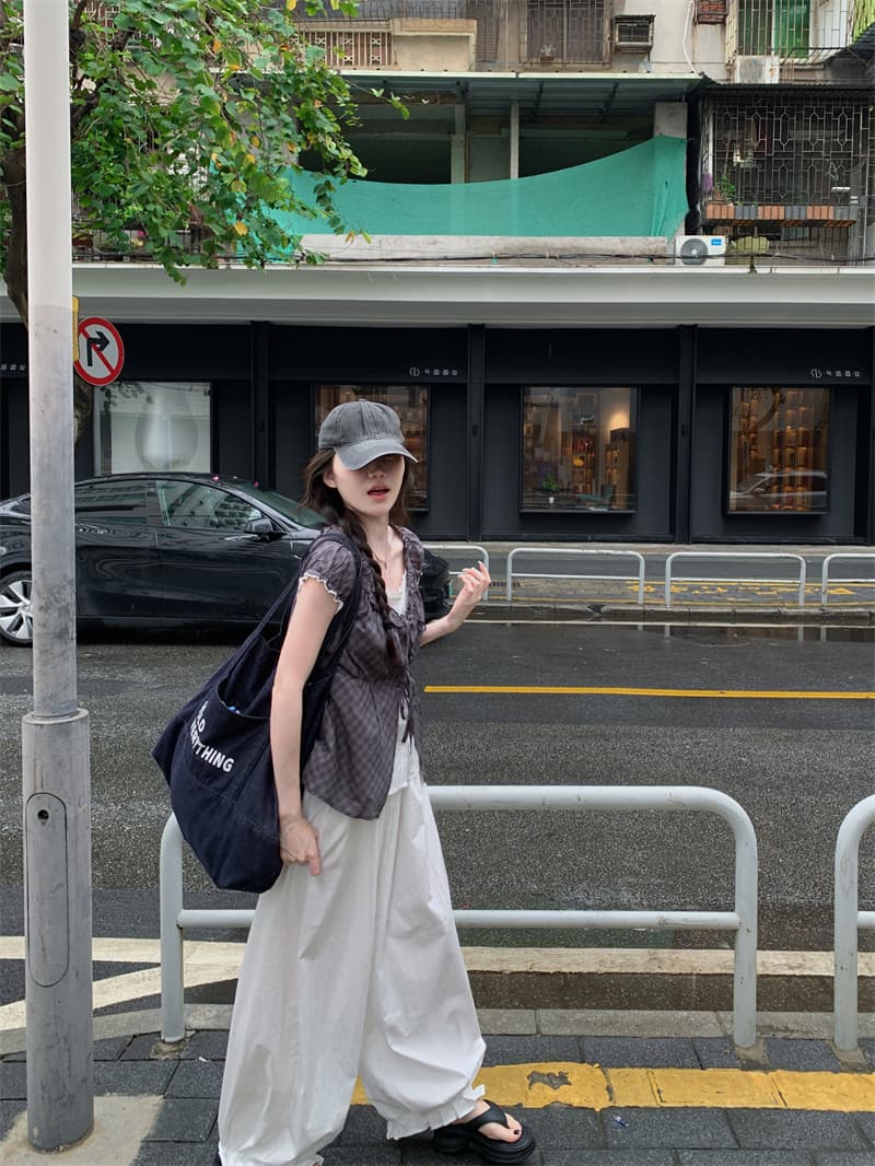 실사 정가 한 부서 체크무늬 스트랩 페이크 레이어드 반팔 셔츠 상세 이미지 3