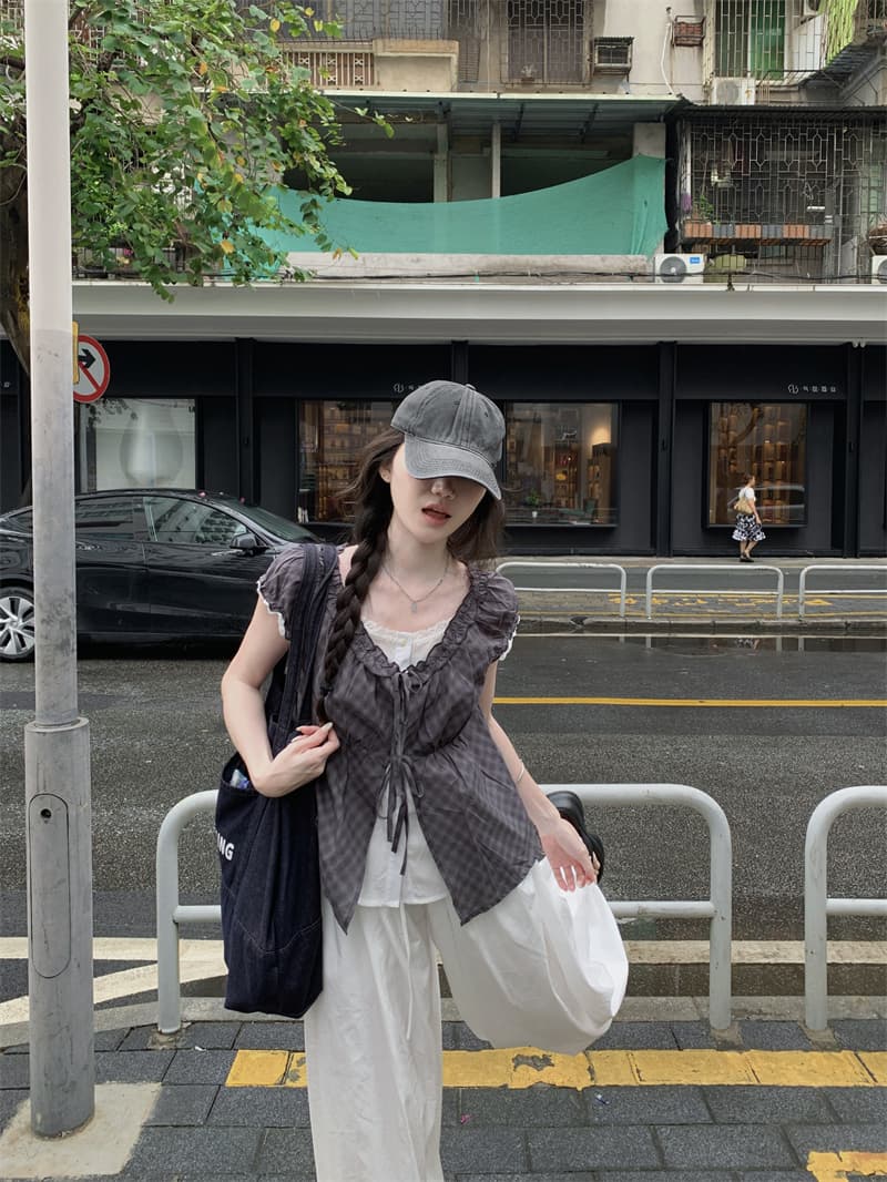 실사 정가 한 부서 체크무늬 스트랩 페이크 레이어드 반팔 셔츠 상세 이미지 6