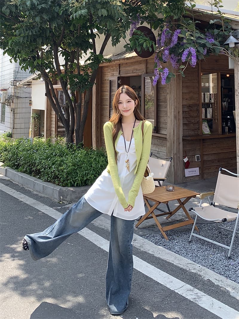 실사 정가 화이트 허리 수축 롱 코트 슬립 맨위 녹색 질감 쇼트 스타일 작은 열림 셔츠 상세 이미지 4