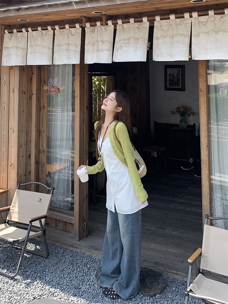 실사 정가 화이트 허리 수축 롱 코트 슬립 맨위 녹색 질감 쇼트 스타일 작은 열림 셔츠 상세 이미지 11