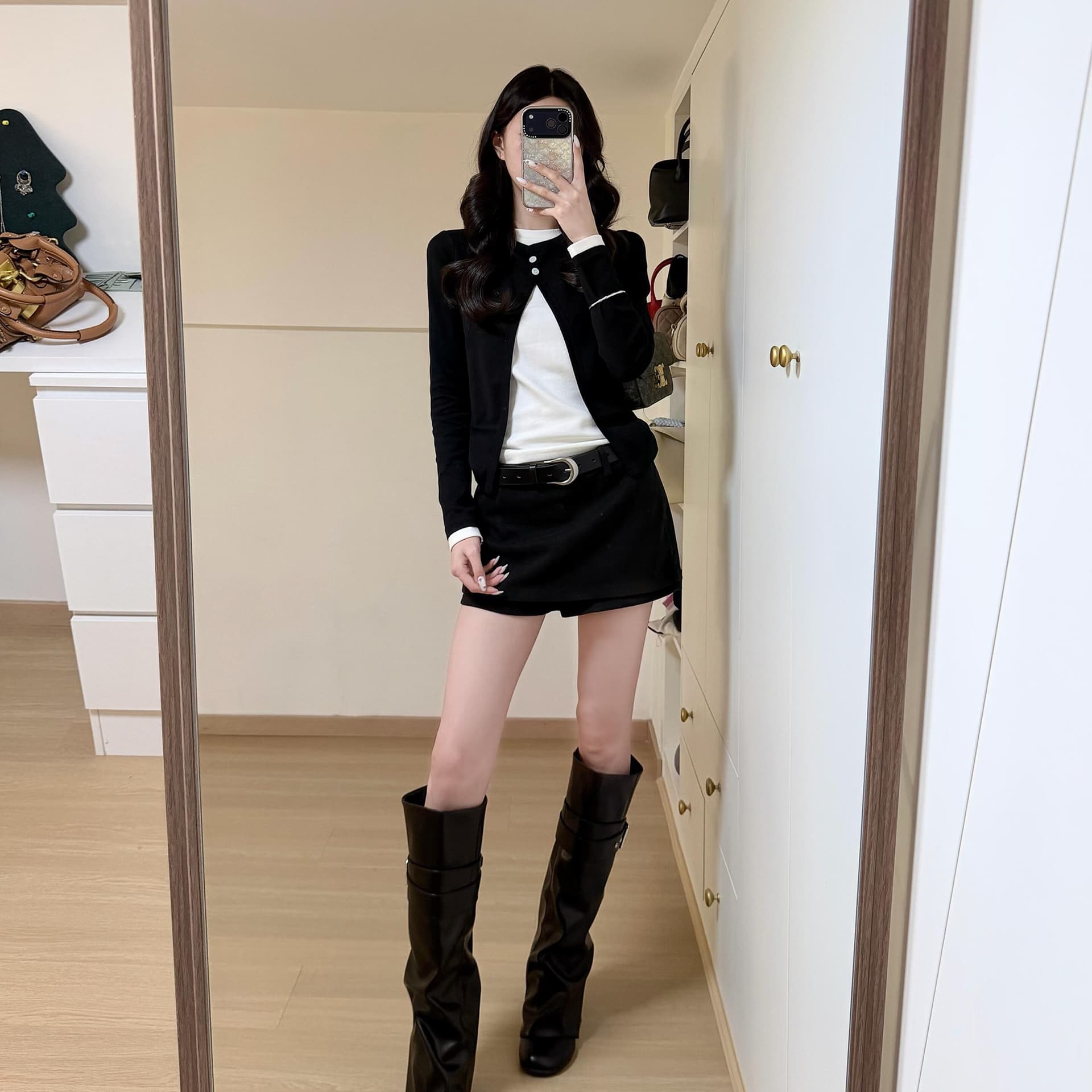 디자인 센스 페이크 레이어드 캐주얼 배색 맨위 하이웨이스트 다용도 쇼트 스타일 반신 스커트 치마바지 이미지 5