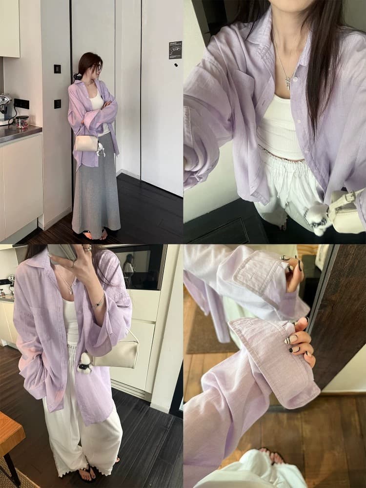 superniniyy 얕은 여름 가벼움 센스 루즈핏 얇은 스타일 슬림해 보이는 표지 넓적 다리 자외선 차단 대 셔츠 오픈 가디건 여성 코트 이미지 3