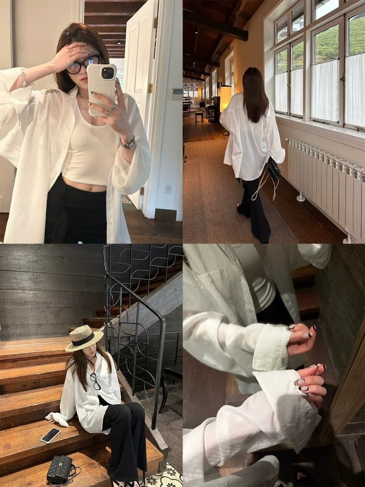 superniniyy 얕은 여름 가벼움 센스 루즈핏 얇은 스타일 슬림해 보이는 표지 넓적 다리 자외선 차단 대 셔츠 오픈 가디건 여성 코트 상세 이미지 1