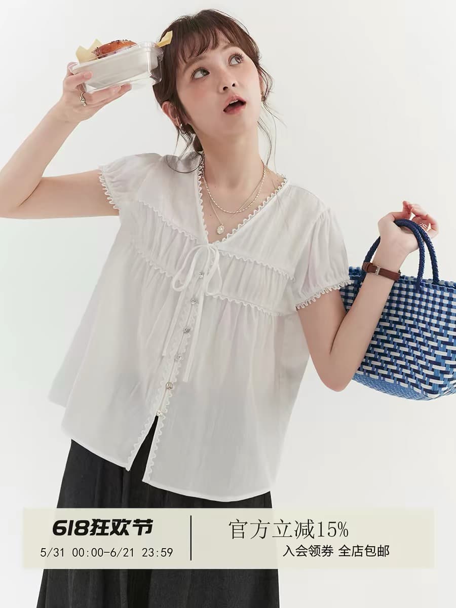 화이트 레이스 V넥 순면 여성 셔츠 여름 새로운 얇은 스타일 반팔 레이스업 맨위 이미지 4
