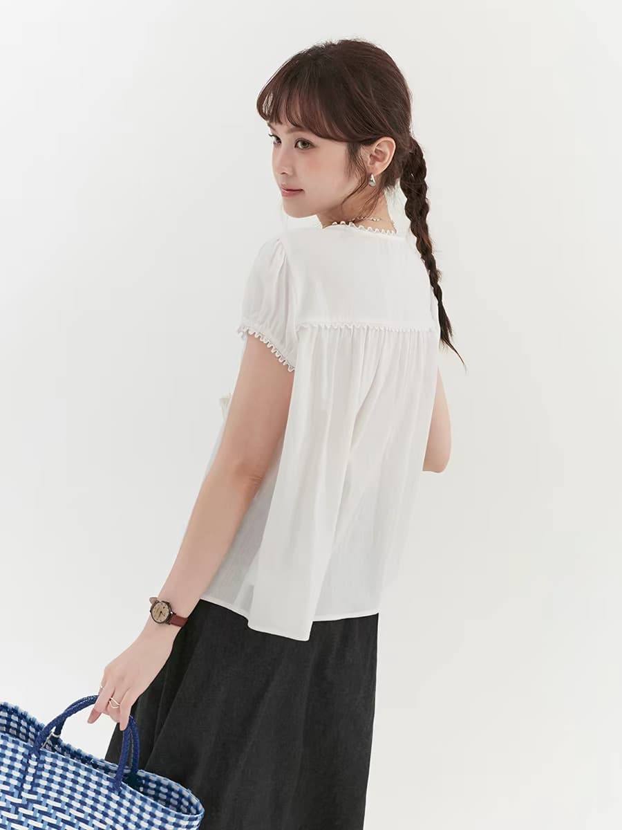 화이트 레이스 V넥 순면 여성 셔츠 여름 새로운 얇은 스타일 반팔 레이스업 맨위 상세 이미지 2