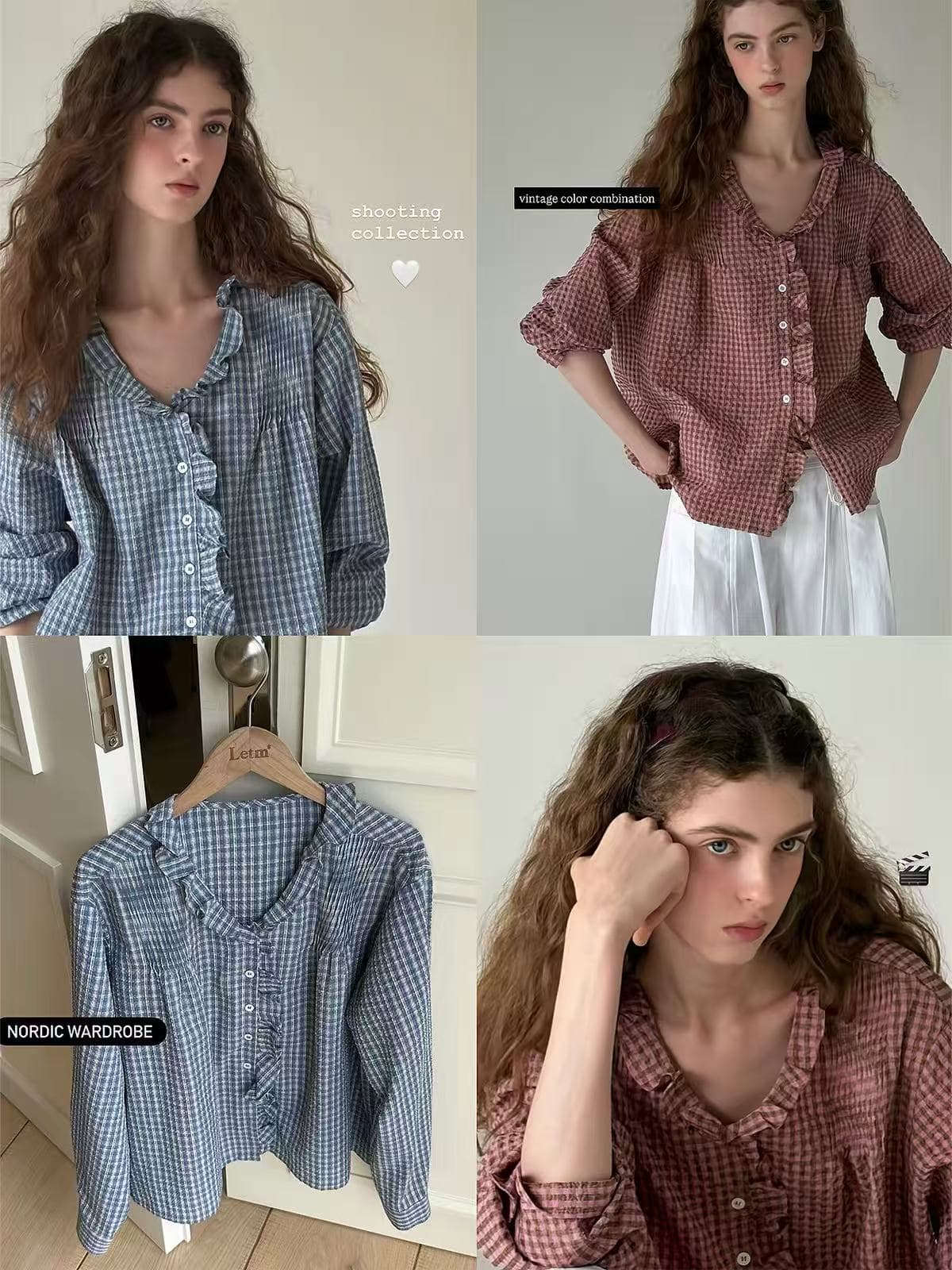 북유럽 nordic 레트로 체크무늬 배색 마이크로 버블 질감 v 단어 레이스 폴로 칼라 셔츠 셔츠 여성 상세 이미지 4