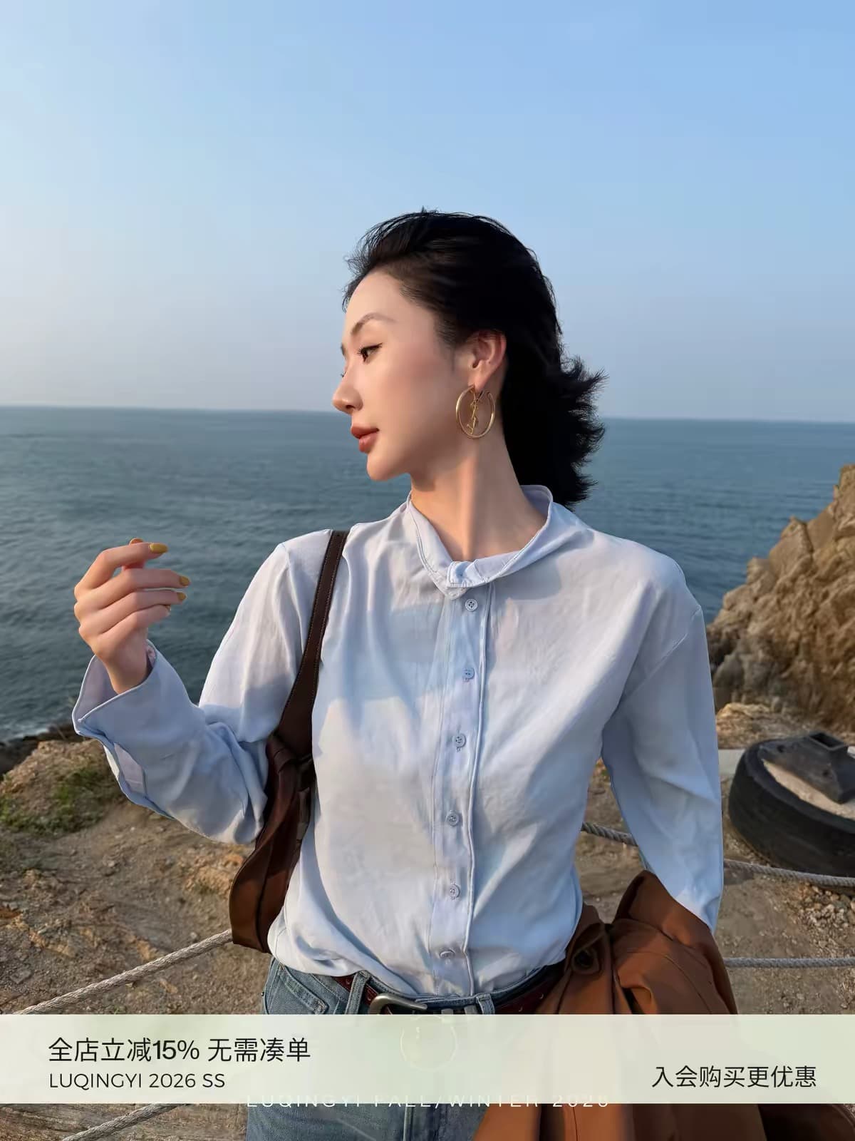 구름 산등성이 미니멀리즘 모달 여성 셔츠 가을 스탠드 칼라 느긋한 루즈핏 캐주얼 긴팔 맨위 상세 이미지 3