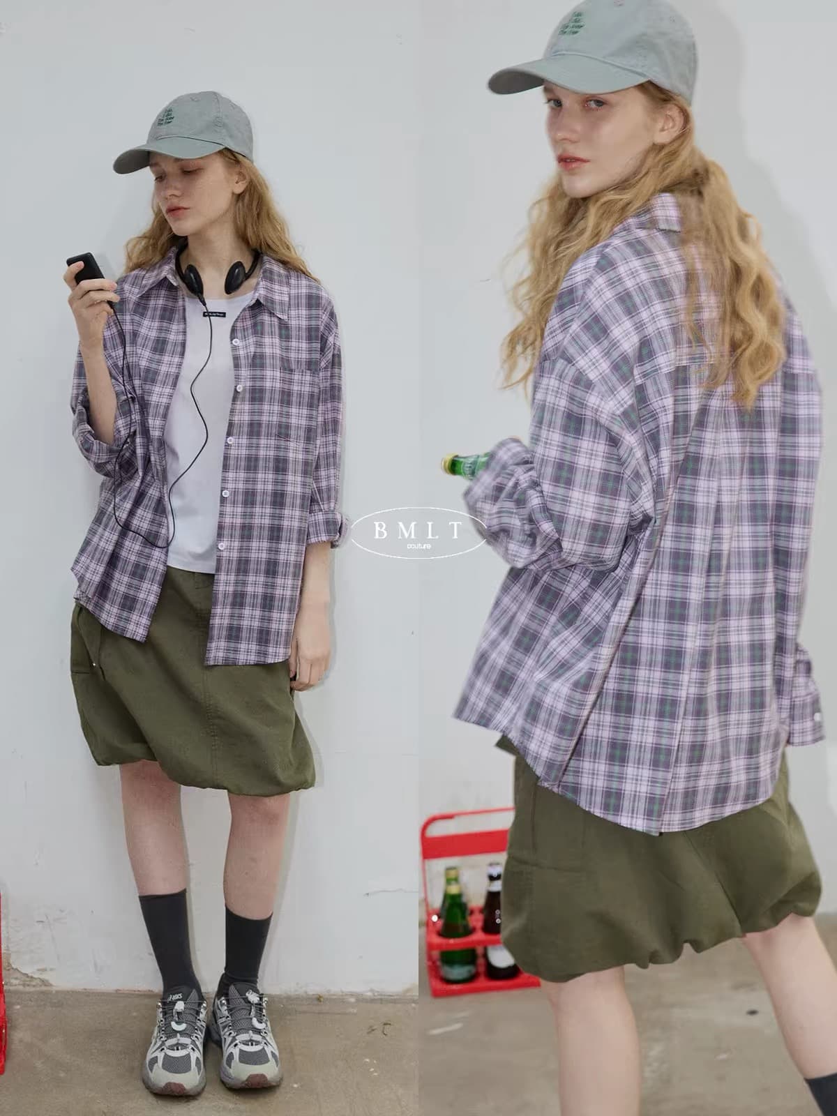 늦게 스타 이동 견습생 향기로운 芋 보라색 체크무늬 여성 셔츠 루즈핏 느긋한 바람 다용도 출퇴근 스택 착용 긴팔 셔츠 상세 이미지 4