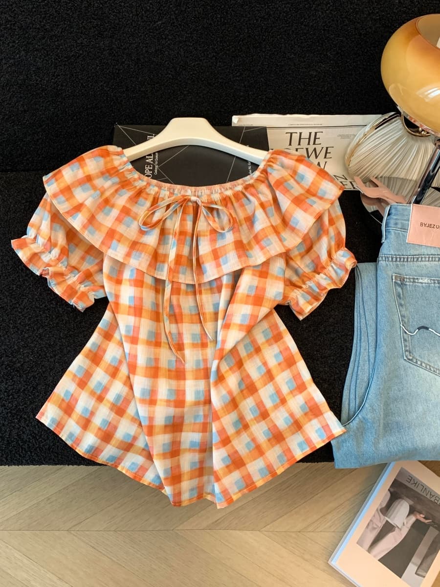 한 부서 달콤한 스타일 체크무늬 프릴 민소매 여성 셔츠 여름 프랑스식 얇은 스타일 루즈핏 다용도 맨위 상세 이미지 1