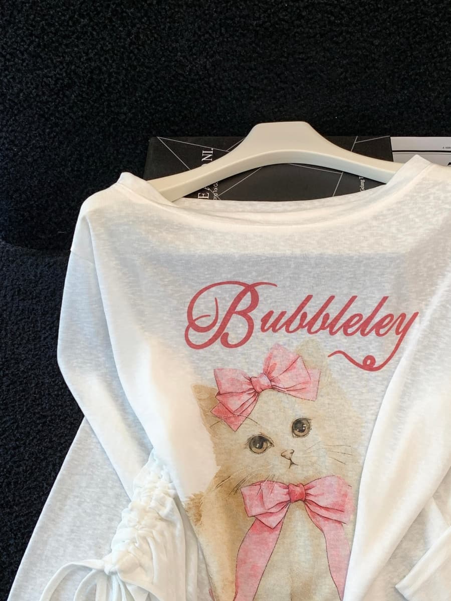 한 부서 고양이 프린트 보트넥 비스듬한 어깨 자외선 차단 긴팔 티셔츠 여성 여름 외부 가져 가라. 블라우스 품격 다용도 맨위 얇은 상세 이미지 2