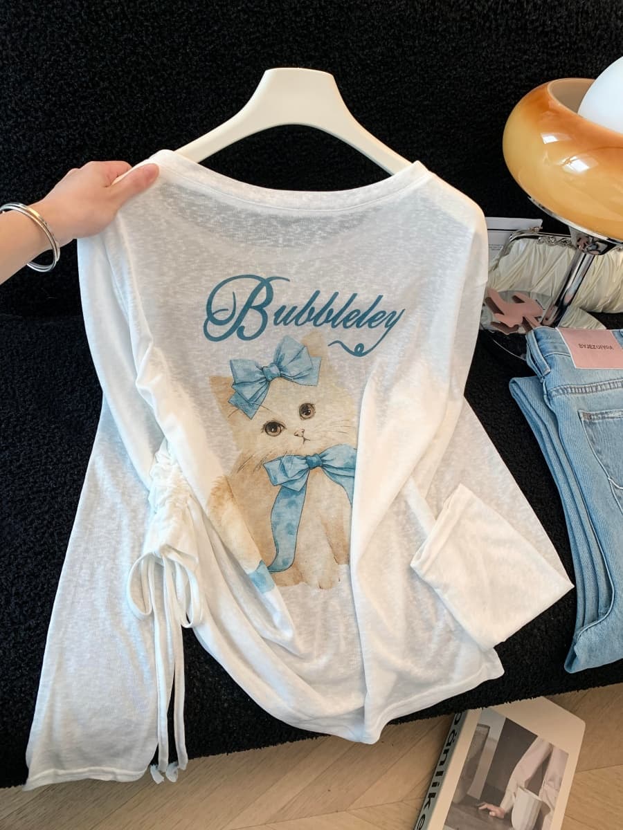 한 부서 고양이 프린트 보트넥 비스듬한 어깨 자외선 차단 긴팔 티셔츠 여성 여름 외부 가져 가라. 블라우스 품격 다용도 맨위 얇은 상세 이미지 14