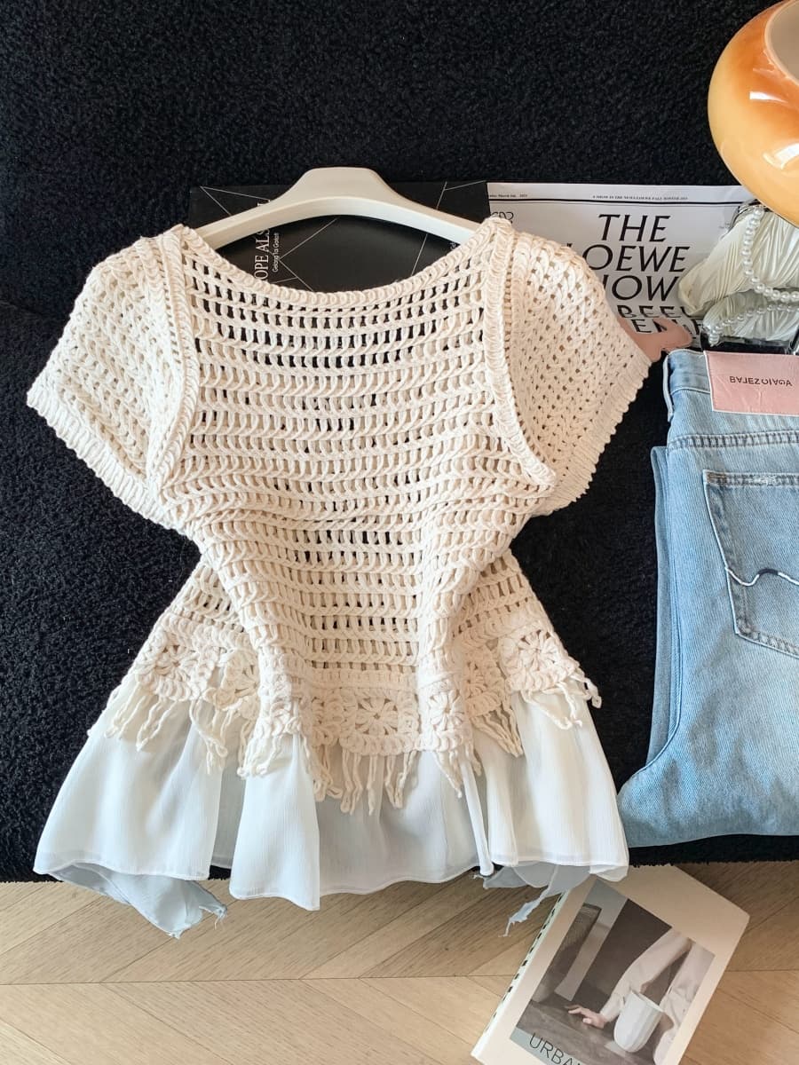 보헤미안 바람 자수 홀로우 아웃 반팔 티셔츠 여성 2026 새로운 여름 불규칙 패치워크 레이스 블라우스 맨위 상세 이미지 7
