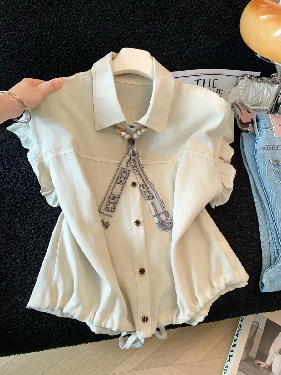 고급 센스 프랑스식 품격 한 부서 POLO 칼라 Feifei 소매 셔츠 여름 새로운 벨트 스카프 펌프 로프 허리 수축 맨위 이미지 3