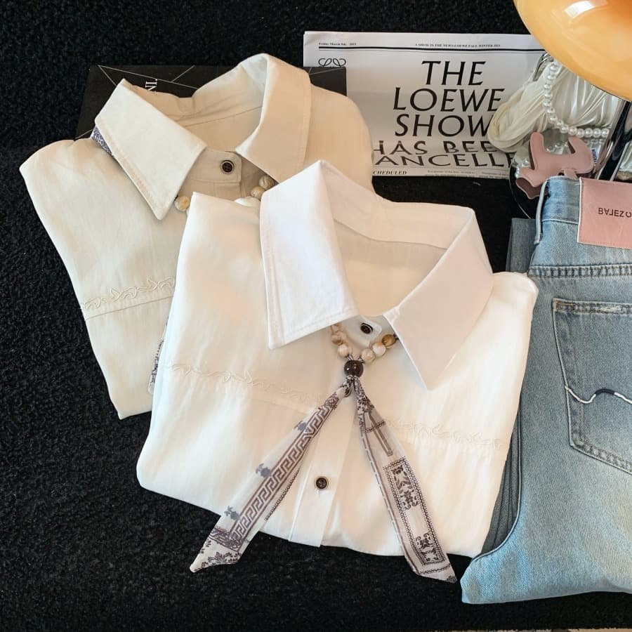 고급 센스 프랑스식 품격 한 부서 POLO 칼라 Feifei 소매 셔츠 여름 새로운 벨트 스카프 펌프 로프 허리 수축 맨위 이미지 6