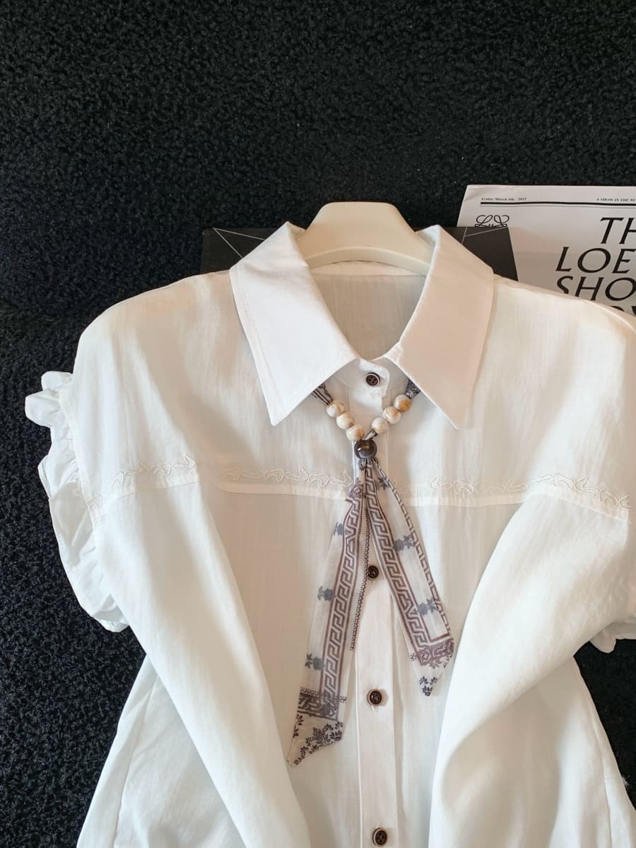 고급 센스 프랑스식 품격 한 부서 POLO 칼라 Feifei 소매 셔츠 여름 새로운 벨트 스카프 펌프 로프 허리 수축 맨위 상세 이미지 2