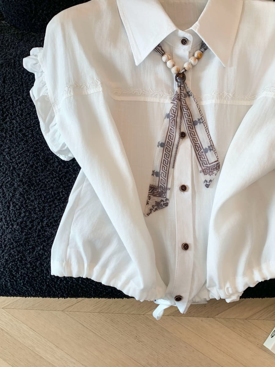 고급 센스 프랑스식 품격 한 부서 POLO 칼라 Feifei 소매 셔츠 여름 새로운 벨트 스카프 펌프 로프 허리 수축 맨위 상세 이미지 4