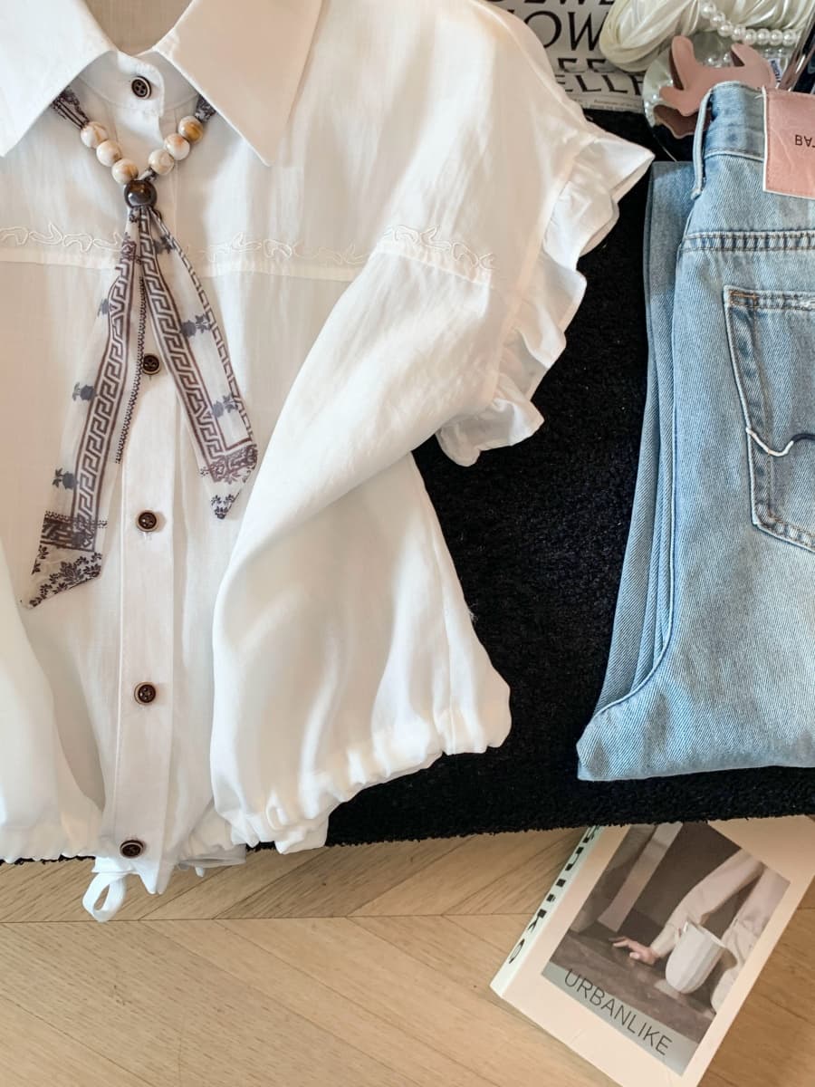 고급 센스 프랑스식 품격 한 부서 POLO 칼라 Feifei 소매 셔츠 여름 새로운 벨트 스카프 펌프 로프 허리 수축 맨위 상세 이미지 5