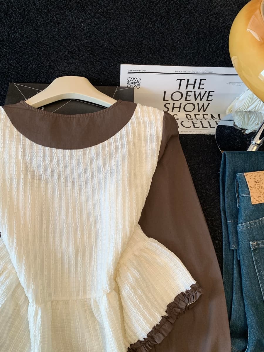고급 센스 나비 매듭 달콤함 프릴 레이스업 조끼 페이크 레이어드 맨위 다용도 디자인 레이스 조각 긴팔 상세 이미지 16