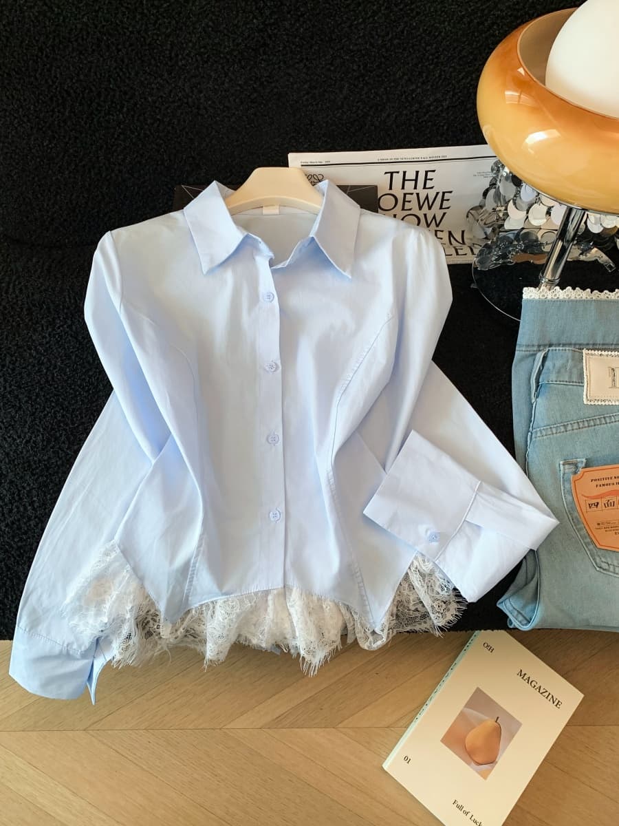 프랑스식 고유 한 Chic 레이스 조각 셔츠 맨위 여자 가을 새로운 디자인 센스 작은 대중 POLO 칼라 셔츠 상세 이미지 1