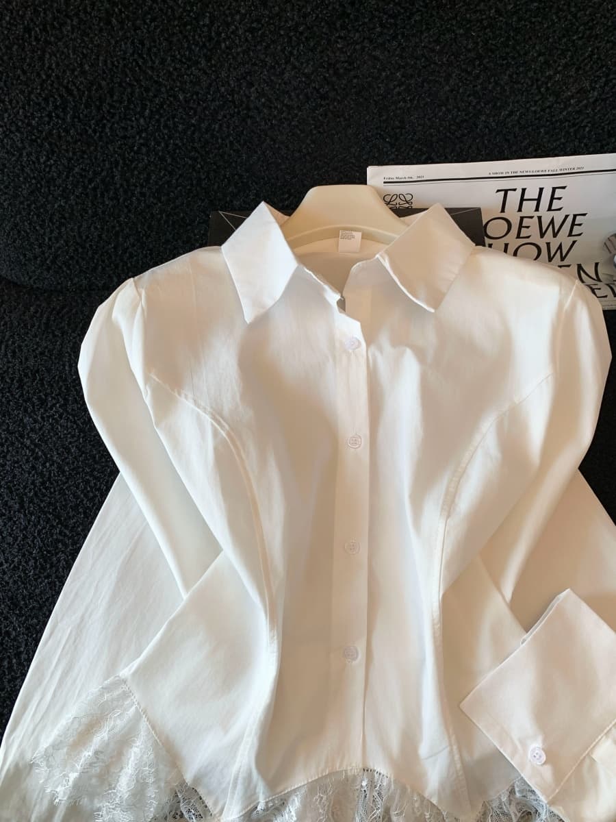 프랑스식 고유 한 Chic 레이스 조각 셔츠 맨위 여자 가을 새로운 디자인 센스 작은 대중 POLO 칼라 셔츠 상세 이미지 10