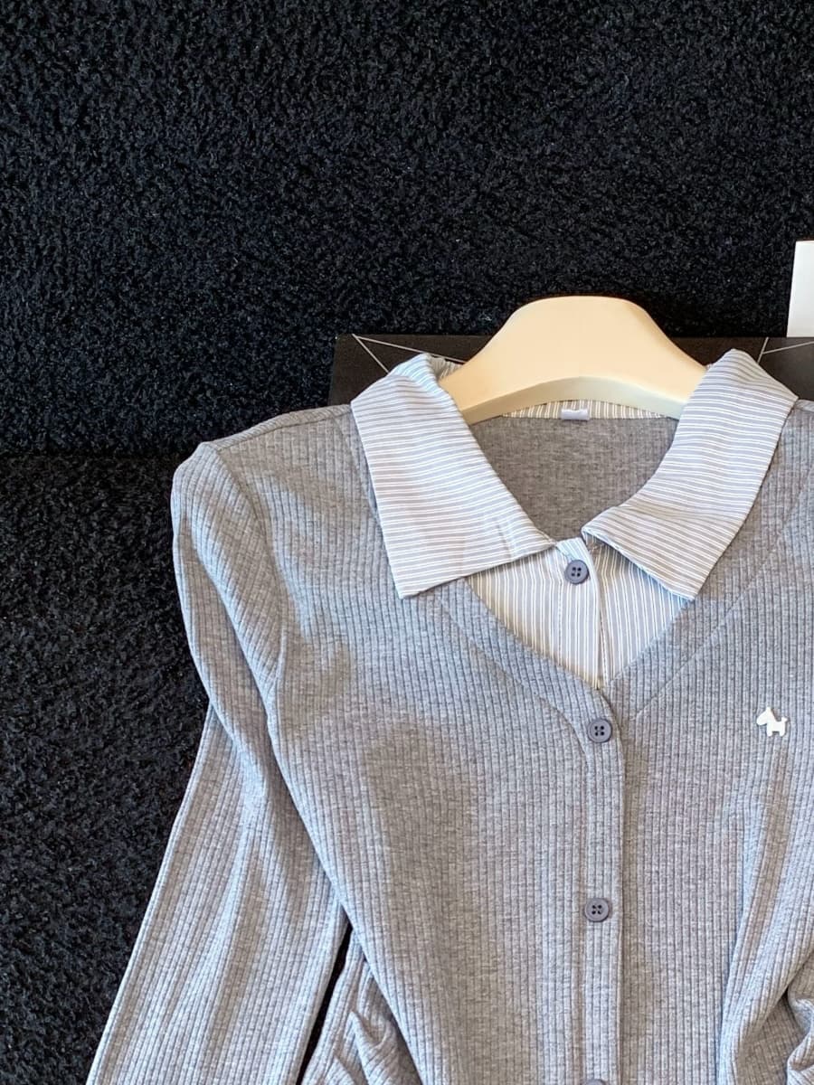 한 부서 배색 POLO 칼라 페이크 레이어드 니트 오픈 가디건 여성 가을 착용 가져 가라. 학원 스타일 몸매 가꾸기 다용도 셔츠 재킷 상세 이미지 11