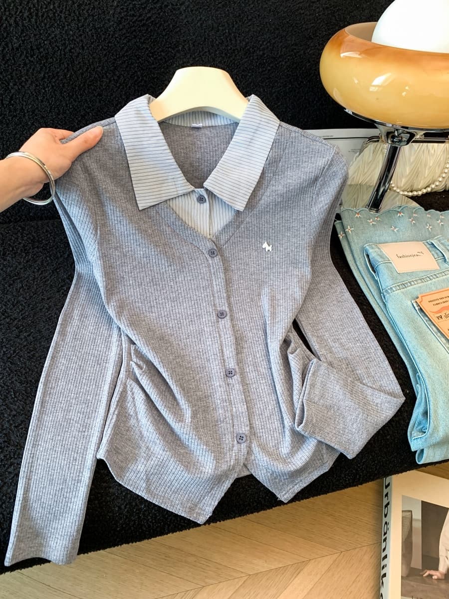 한 부서 배색 POLO 칼라 페이크 레이어드 니트 오픈 가디건 여성 가을 착용 가져 가라. 학원 스타일 몸매 가꾸기 다용도 셔츠 재킷 상세 이미지 14