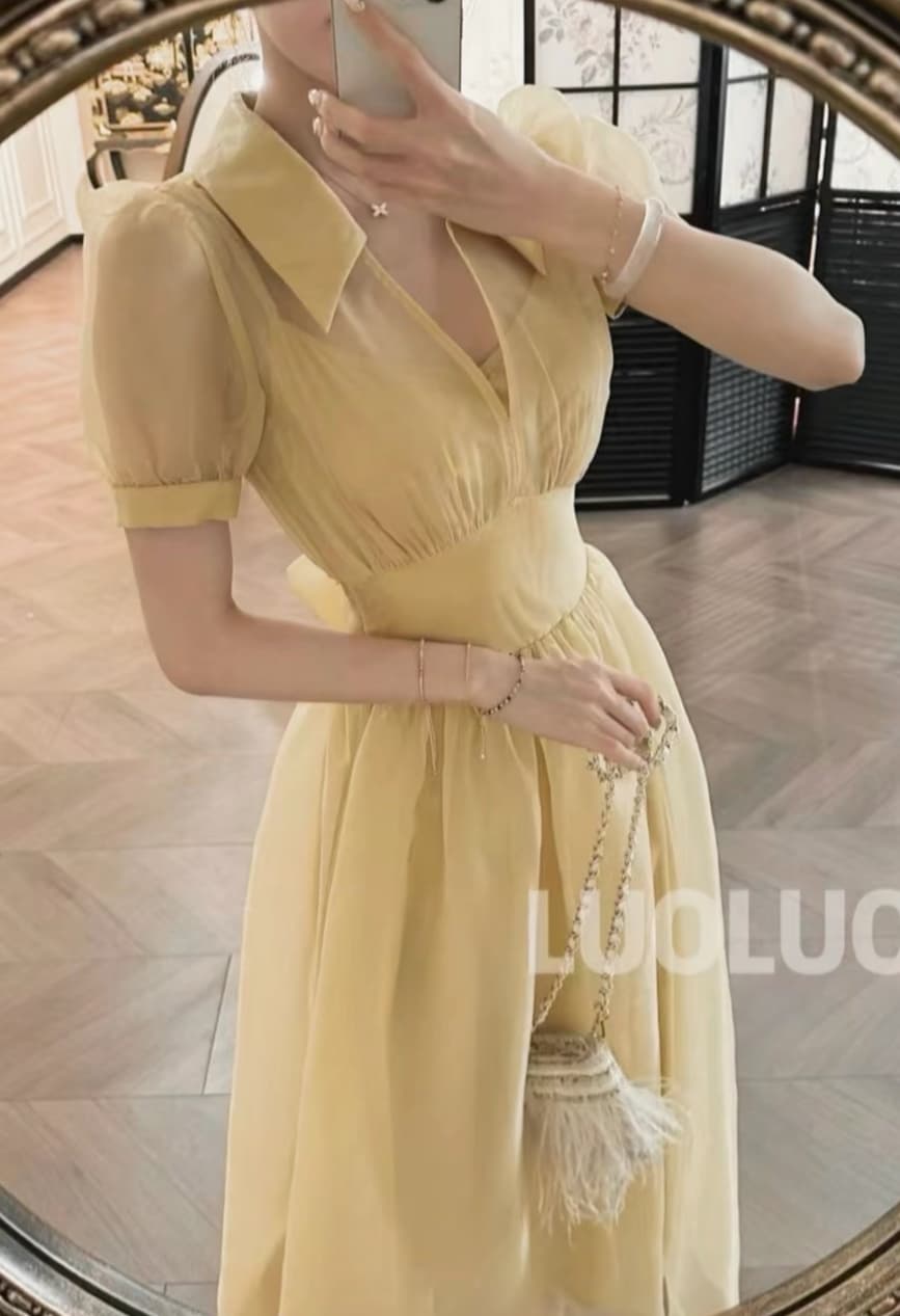 luoluoz 슬림 한 허리 절대적으로 치마 폴로 칼라 v 종류 인사이드 가져 가라. 페이크 레이어드 디자인 허리 수축 롱 코트 드레스 상세 이미지 1
