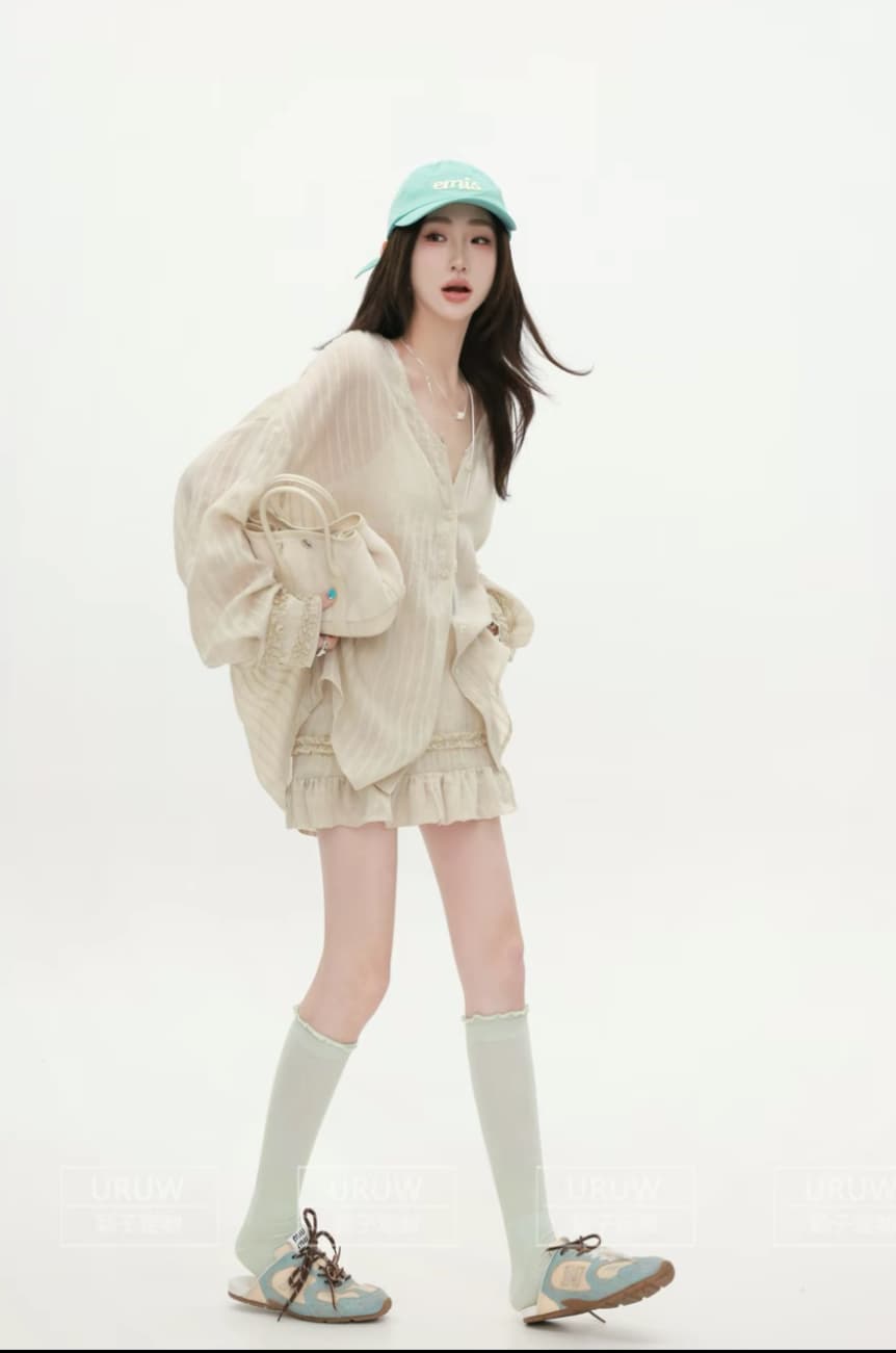 잉 어린이 맞춤 오래된 타운 바람 섬 품격 세로 줄무늬 마이크로 ~을 통해 V 넥 셔츠 패션 레이스 하이웨이스트 미니 스커트 이미지 2