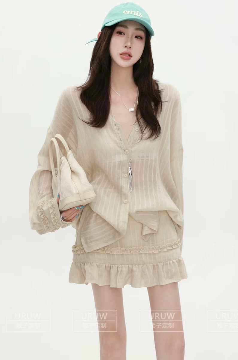 잉 어린이 맞춤 오래된 타운 바람 섬 품격 세로 줄무늬 마이크로 ~을 통해 V 넥 셔츠 패션 레이스 하이웨이스트 미니 스커트 이미지 4