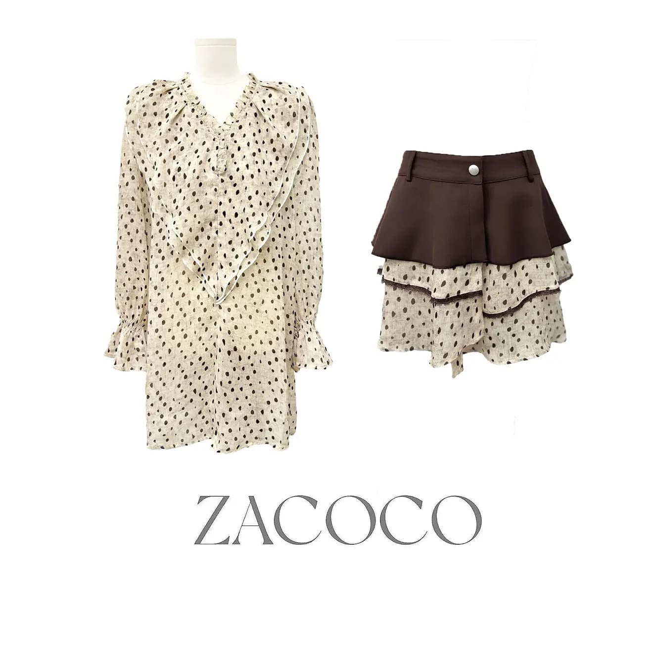 zacoco 주말 시간 여름 프랑스식 도트 무늬 V넥 허리 수축 슬림해 보이는 품격 표지 고기 긴팔 미니 스커트 이미지 4