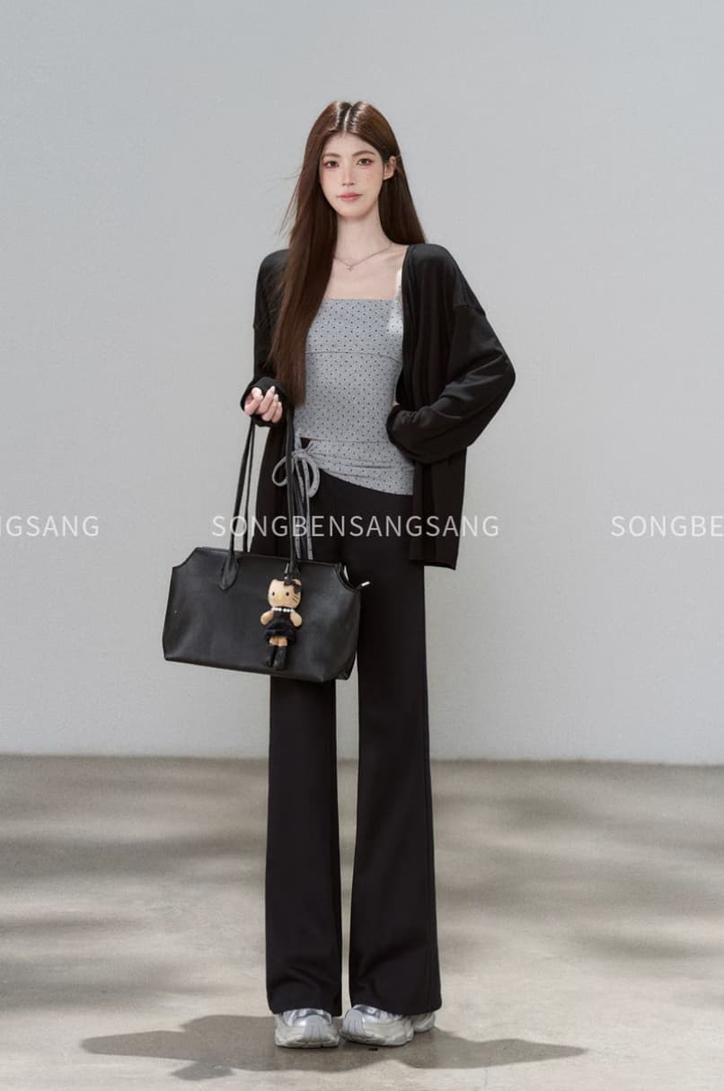 마츠모토 애도 애도 안개 잉크 느슨함 로프 도트 무늬 슬립 매칭 얇고 가벼운 오픈 가디건 슬림해 보이는 검정색 와이드 레그 팬츠 3종 세트 이미지 3