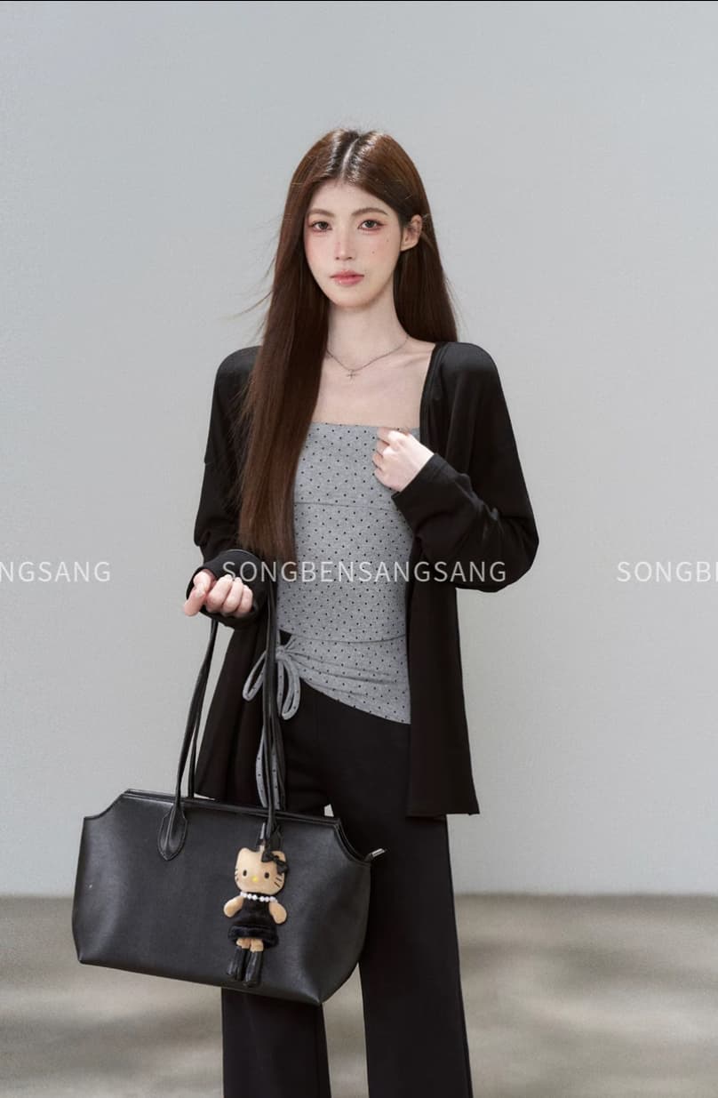 마츠모토 애도 애도 안개 잉크 느슨함 로프 도트 무늬 슬립 매칭 얇고 가벼운 오픈 가디건 슬림해 보이는 검정색 와이드 레그 팬츠 3종 세트 상세 이미지 2