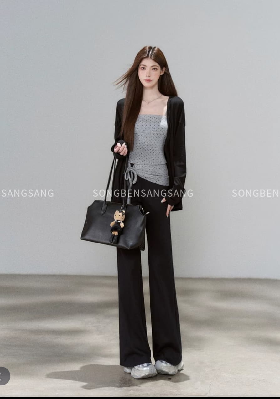 마츠모토 애도 애도 안개 잉크 느슨함 로프 도트 무늬 슬립 매칭 얇고 가벼운 오픈 가디건 슬림해 보이는 검정색 와이드 레그 팬츠 3종 세트 상세 이미지 3