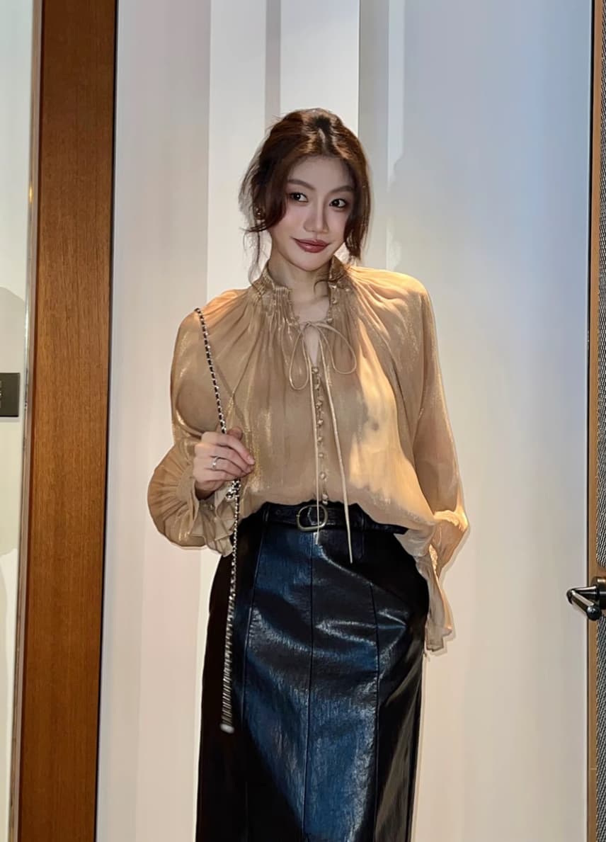 용 안녕하세요. 어린이 황금 년 무거운 공예 빌드 레트로 프랑스식 스탠드 칼라 플리츠 구슬 빛 긴팔 셔츠 l701 이미지 3