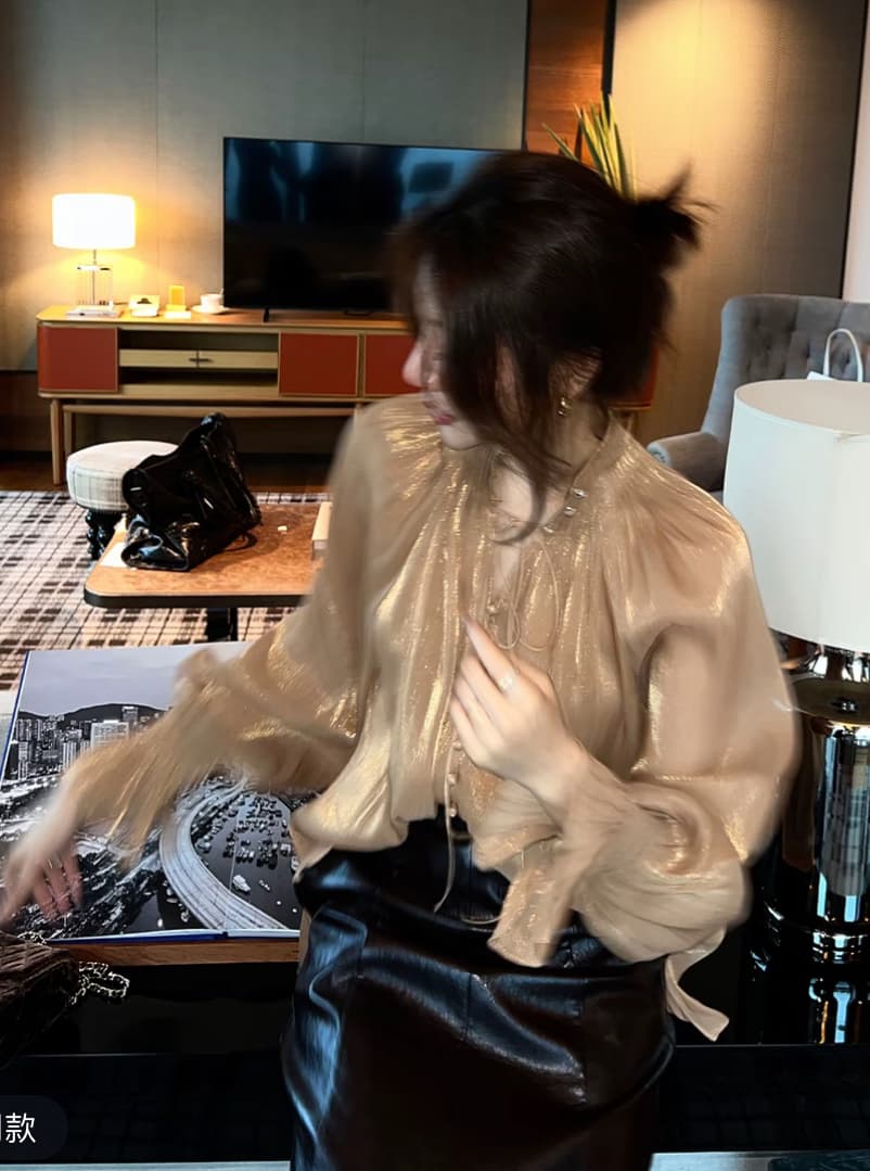 용 안녕하세요. 어린이 황금 년 무거운 공예 빌드 레트로 프랑스식 스탠드 칼라 플리츠 구슬 빛 긴팔 셔츠 l701 상세 이미지 3