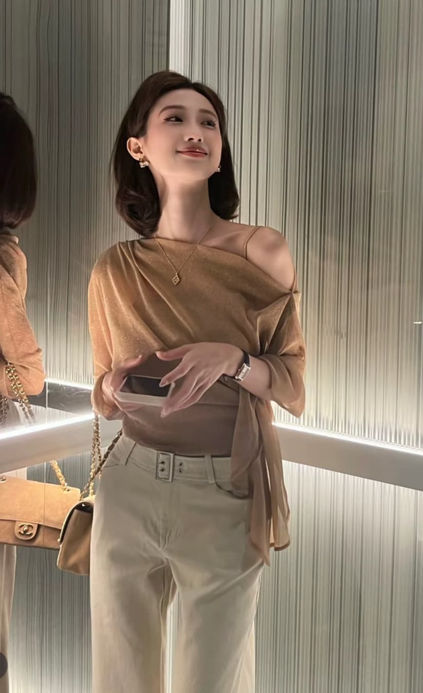 dindin 망사 슬림해 보이는 맨위 프랑스식 흔들다 칼라 숄 소매 품격 긴팔 고급 센스 관대 한 점잖은 여성 의류 상세 이미지 1