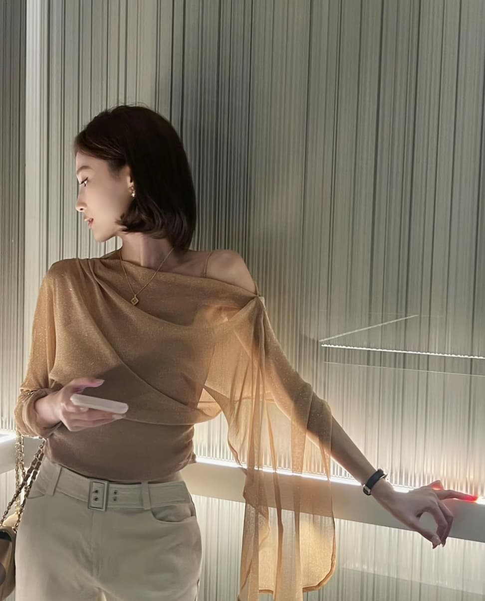 dindin 망사 슬림해 보이는 맨위 프랑스식 흔들다 칼라 숄 소매 품격 긴팔 고급 센스 관대 한 점잖은 여성 의류 상세 이미지 2