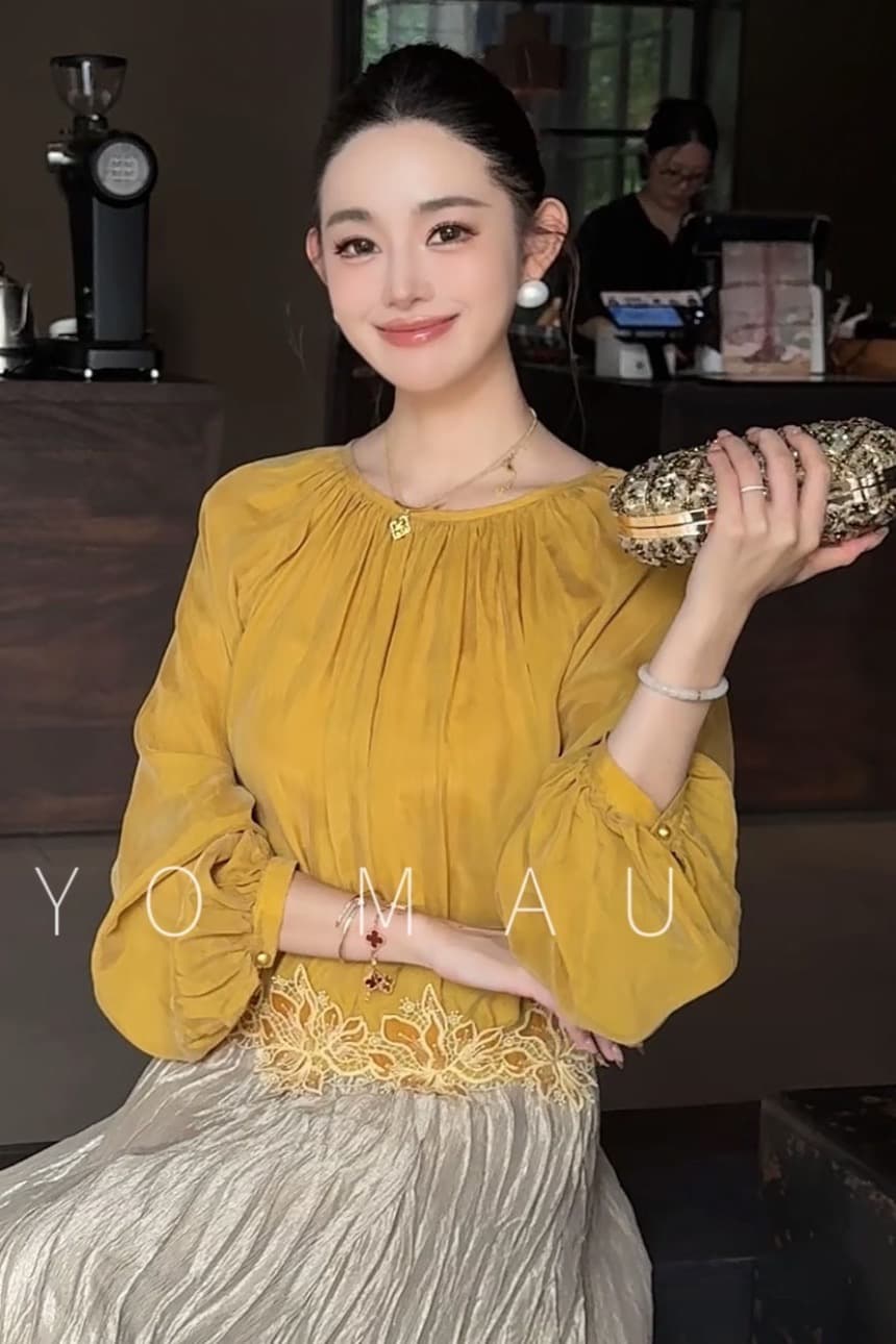 yomao 이른 가을 새로운 우아함 슬림해 보이는 품격 다용도 레이스 라운드 넥 긴팔 여성 셔츠 상세 이미지 1