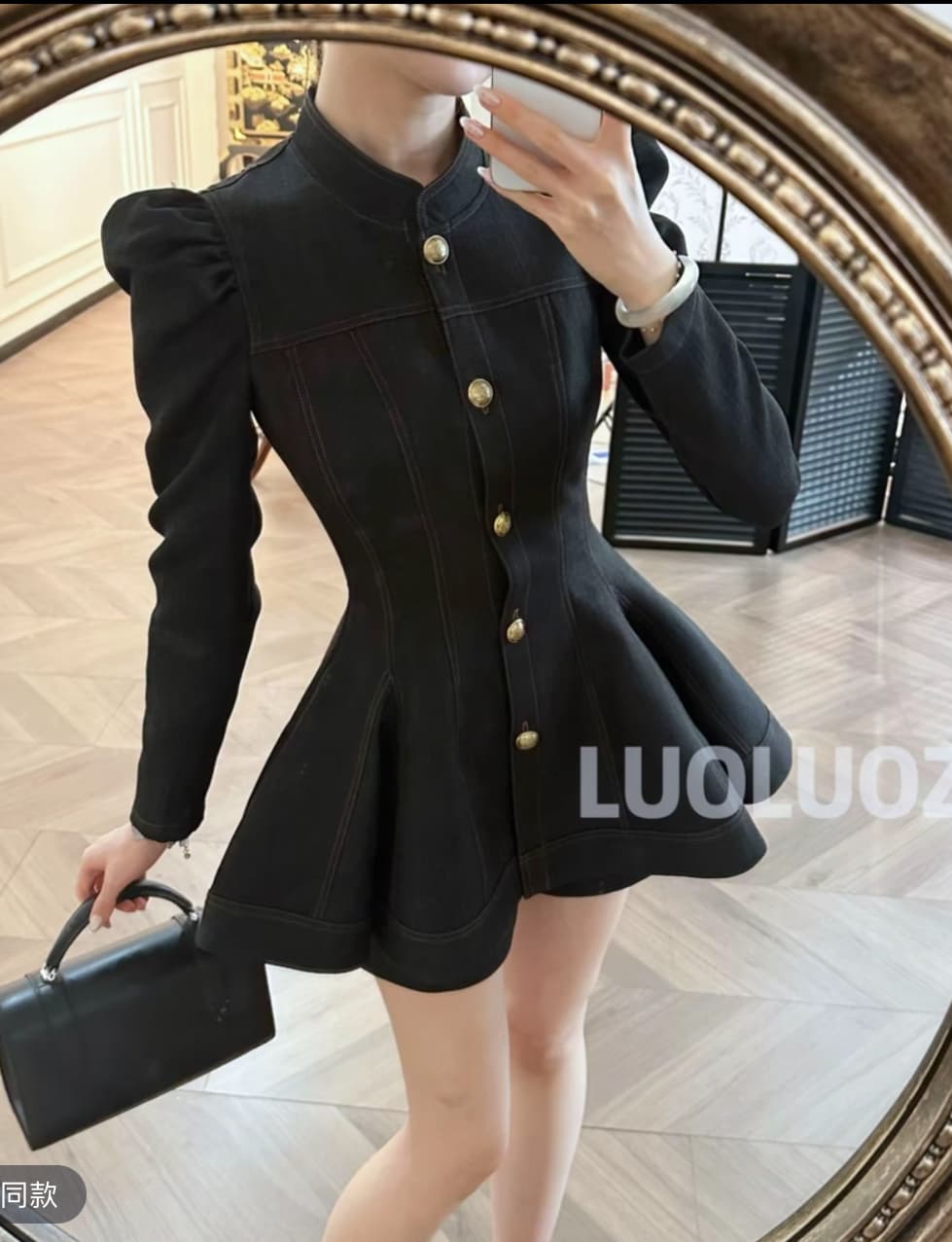 luoluoz 메이플 가을 법사 라임 품격 스탠드 칼라 거품 소매 비싼 가스 의류 바지 투피스 세트 상세 이미지 2
