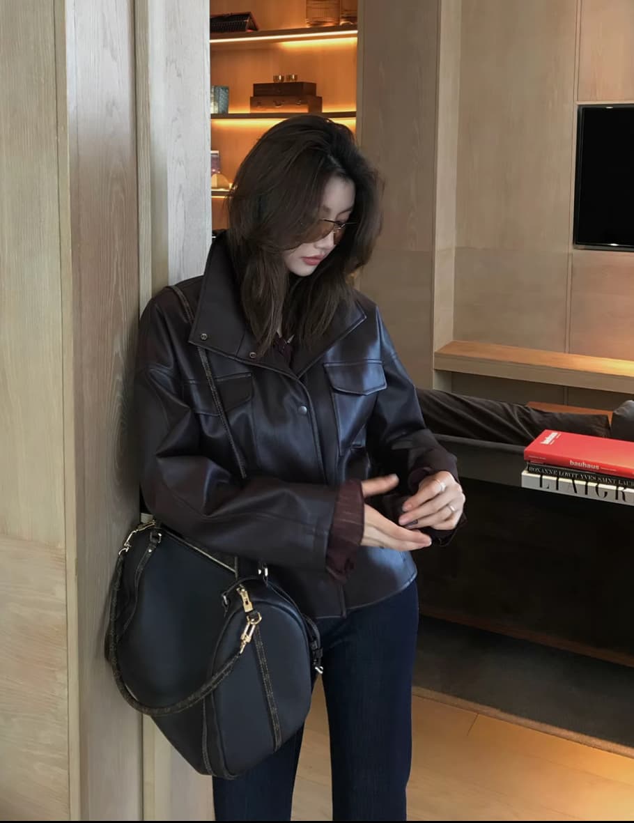 용 안녕하세요. 어린이 남자 니켈 시차 레트로 스탠드 칼라 PU 가죽 허리 수축 레이스업 워크웨어 가을 겨울 가죽 재킷 재킷 상세 이미지 1