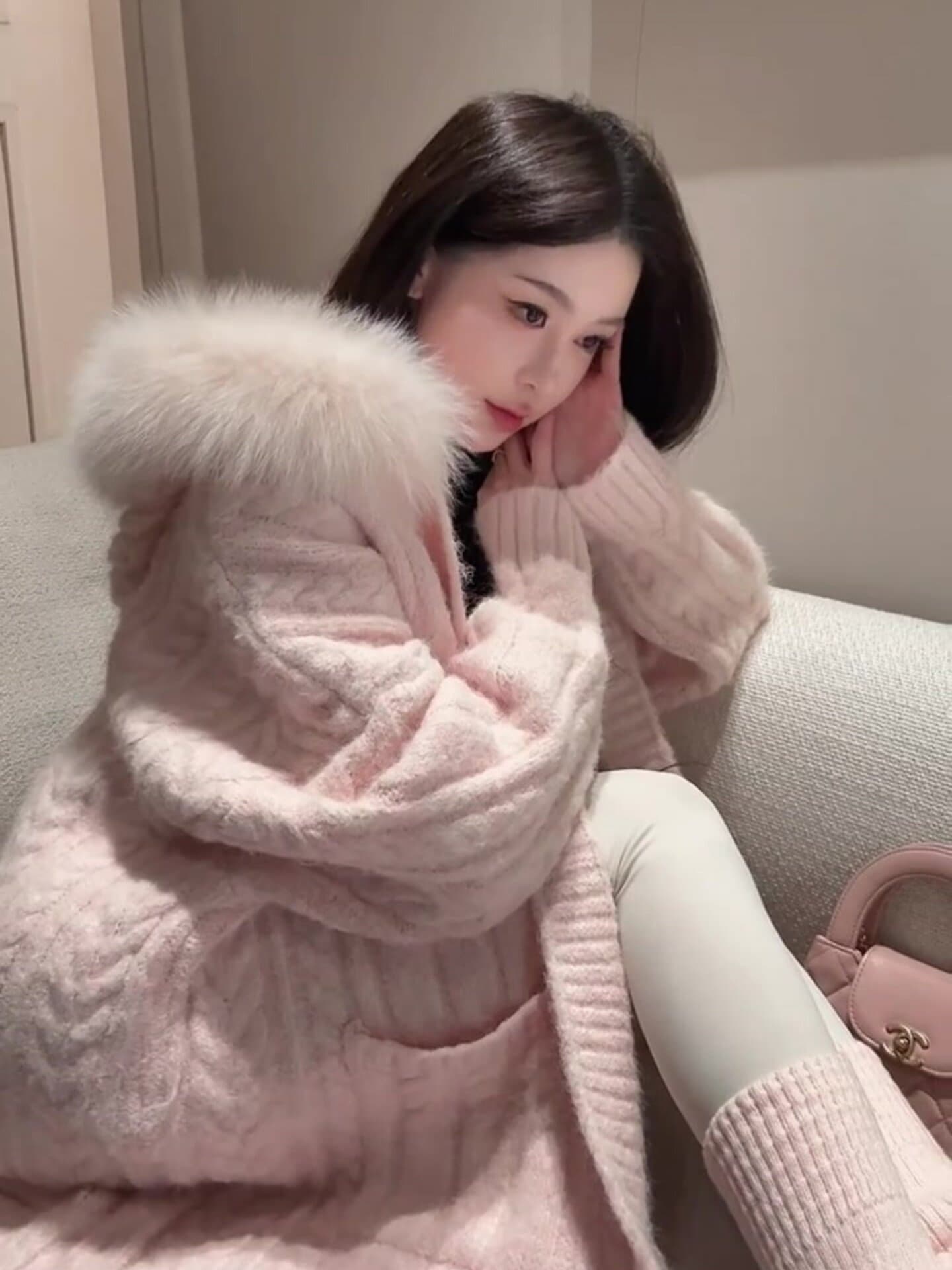 핑크색 털 모피 칼라 후드 니트 스웨터 여성 코트 조기 봄 두꺼운 자이언트 잘 생긴 느긋한 루즈핏 오픈 가디건 맨위 이미지 4