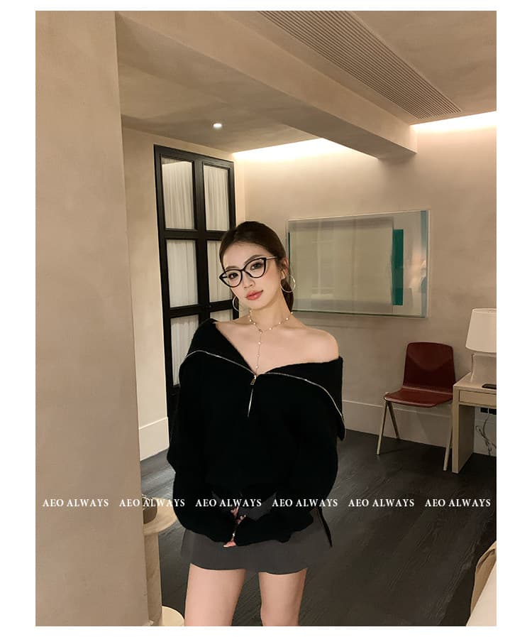 aeoalways 겨울 분위기 검정색 폴로 칼라 스웨터 여자 새로운 슬림해 보이는 지퍼 오프숄더 카디건 코트 상세 이미지 11