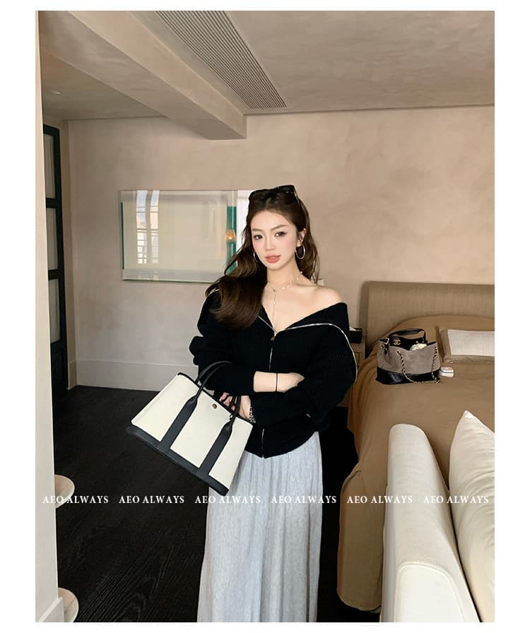aeoalways 겨울 분위기 검정색 폴로 칼라 스웨터 여자 새로운 슬림해 보이는 지퍼 오프숄더 카디건 코트 상세 이미지 29