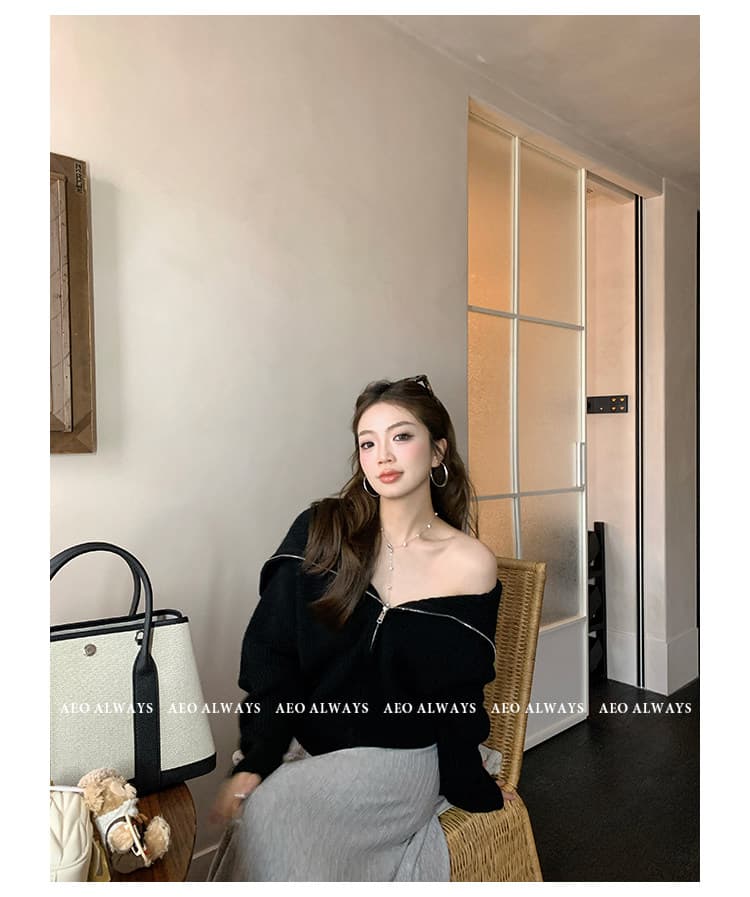 aeoalways 겨울 분위기 검정색 폴로 칼라 스웨터 여자 새로운 슬림해 보이는 지퍼 오프숄더 카디건 코트 상세 이미지 31