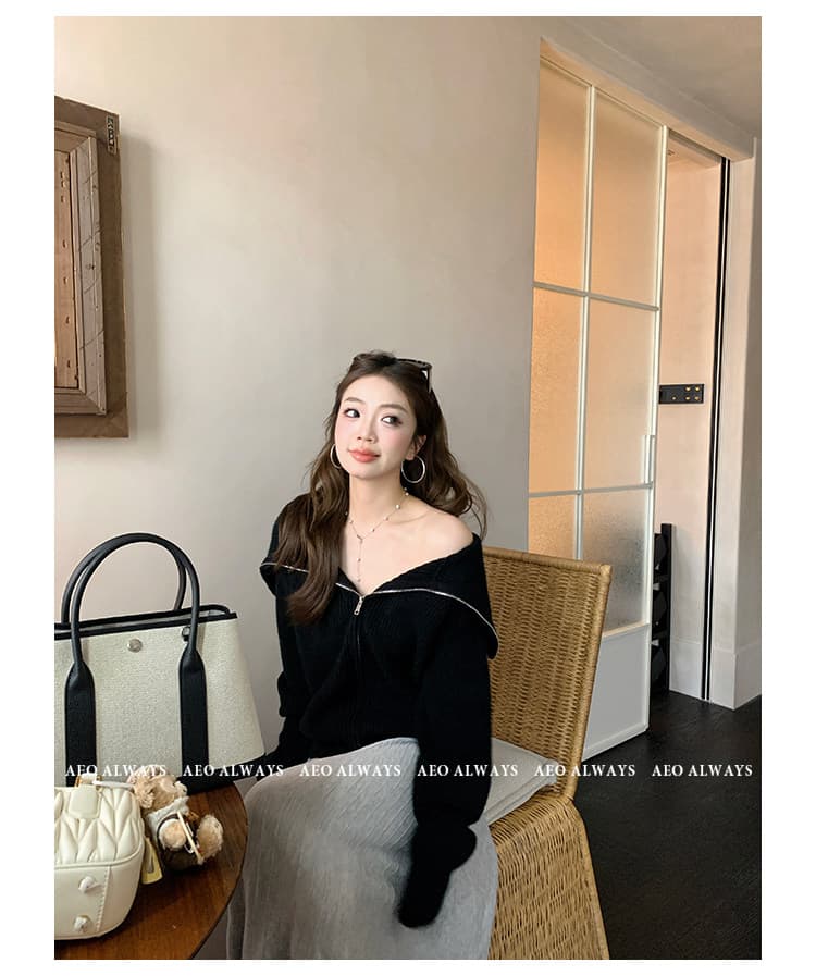 aeoalways 겨울 분위기 검정색 폴로 칼라 스웨터 여자 새로운 슬림해 보이는 지퍼 오프숄더 카디건 코트 상세 이미지 32
