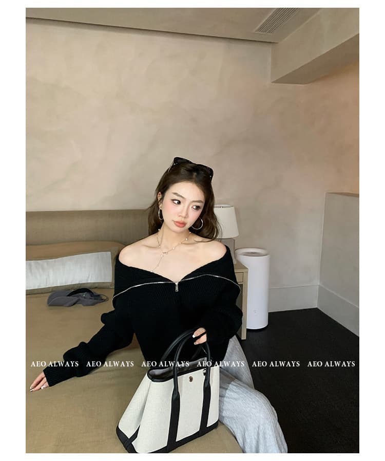 aeoalways 겨울 분위기 검정색 폴로 칼라 스웨터 여자 새로운 슬림해 보이는 지퍼 오프숄더 카디건 코트 상세 이미지 41